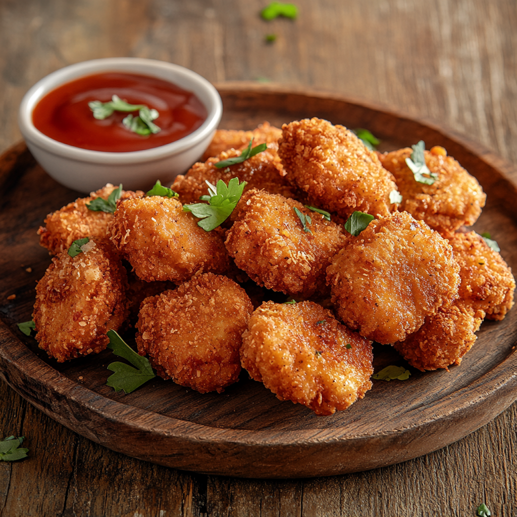 How to Make Crunchy, Gluten-Free Chicken Nuggets That Everyone Will Love gluten free chicken nuggets Crispy gluten-free chicken nuggets on a wooden plate with dipping sauce