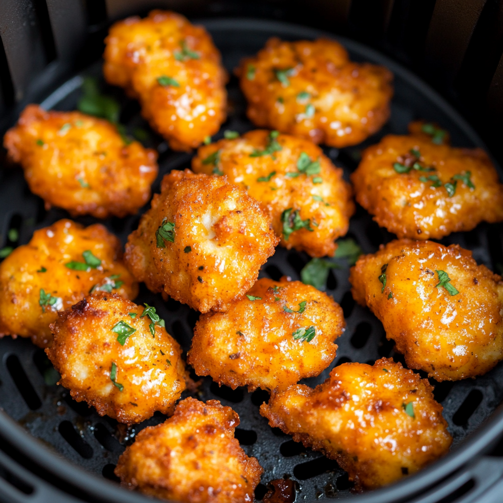 Keto Buffalo Chicken Nuggets Made Easy: Bold, Crispy, and Totally Addictive keto buffalo chicken nuggets Air fryer basket with golden keto buffalo chicken nuggets and herbs