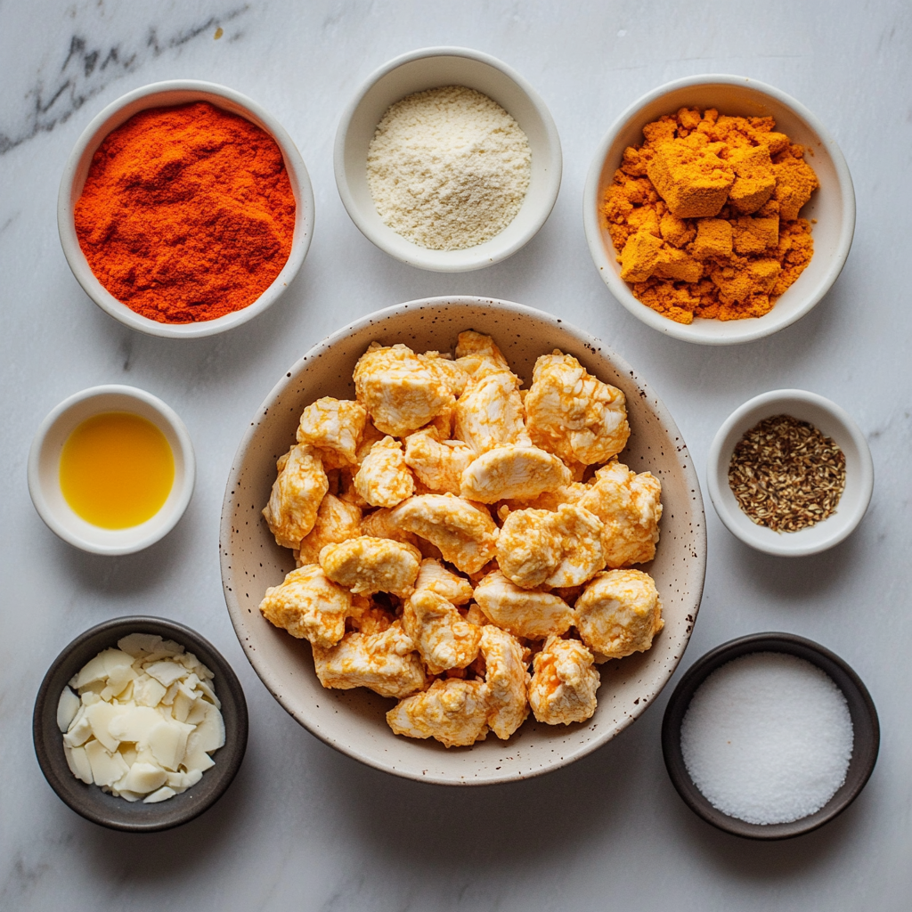 Keto Buffalo Chicken Nuggets Made Easy: Bold, Crispy, and Totally Addictive keto buffalo chicken nuggets Ingredients for keto buffalo chicken nuggets on kitchen counter