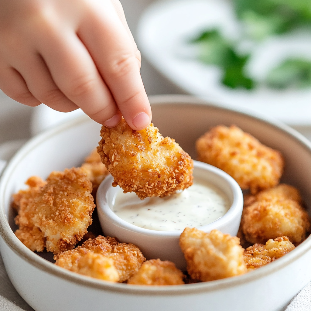 Air Fryer Chicken Nuggets Made Easy: Crispy, Juicy, and Delicious! air fryer chicken nuggets child dipping air fryer chicken nugget in ranch sauce