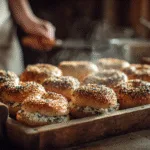 Finished cottage cheese bagels sliced and topped with cream cheese