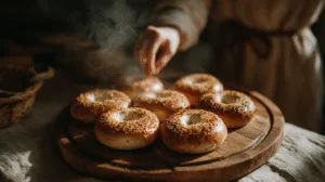 Freshly baked cottage cheese bagels on a wooden board