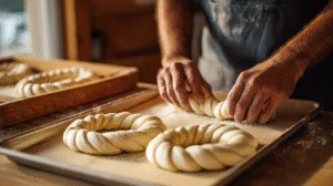 Hands shaping cottage cheese bagels on parchment paper