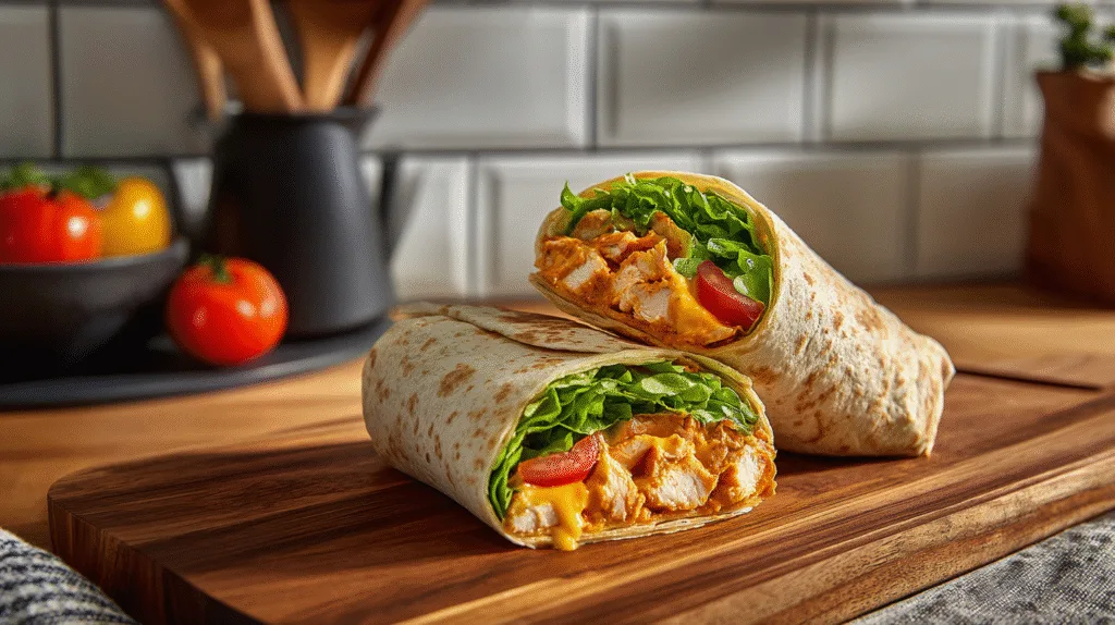 Buffalo Chicken Wrap : Juicy, Flavorful & Easy to Make at Home Buffalo Chicken Wrap Sliced Buffalo Chicken Wrap ready to serve
