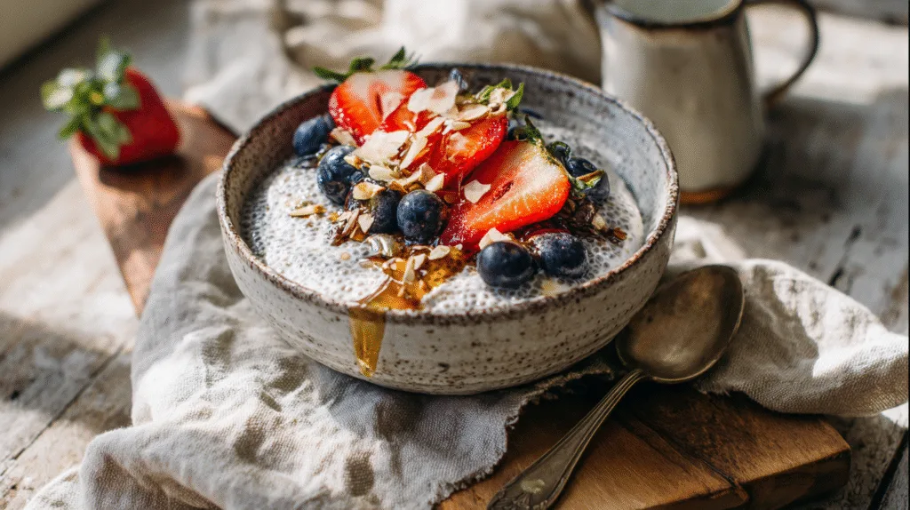 Chia Seed Pudding with Yogurt: A High Protein, Make Ahead Breakfast You’ll Love chia seed pudding with yogurt Chia seed pudding with yogurt topped with fresh fruit and nuts in a rustic farmhouse kitchen