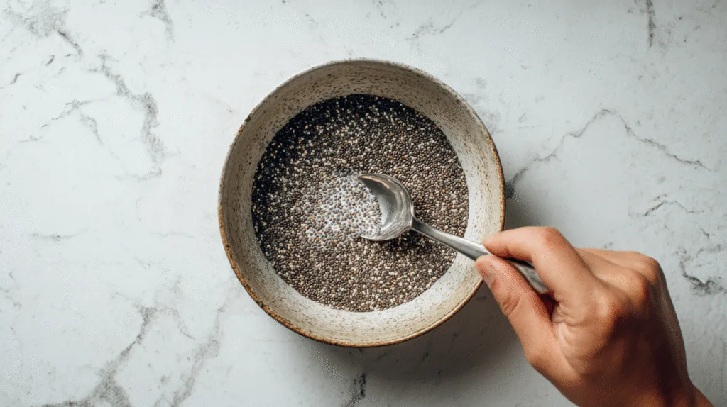 Chia Seed Pudding with Yogurt: A High Protein, Make Ahead Breakfast You’ll Love chia seed pudding with yogurt Stirring chia seed pudding with yogurt after resting