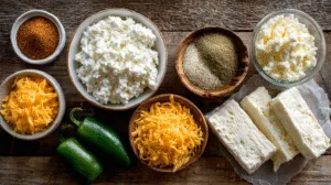 Cottage Cheese Queso Recipe, High‑Protein & Healthy Tex‑Mex Dip Cottage Cheese Queso Ingredients for cottage cheese queso on a wooden counter