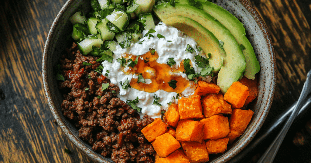 High-protein cottage cheese taco bowl with avocado and sweet potatoes