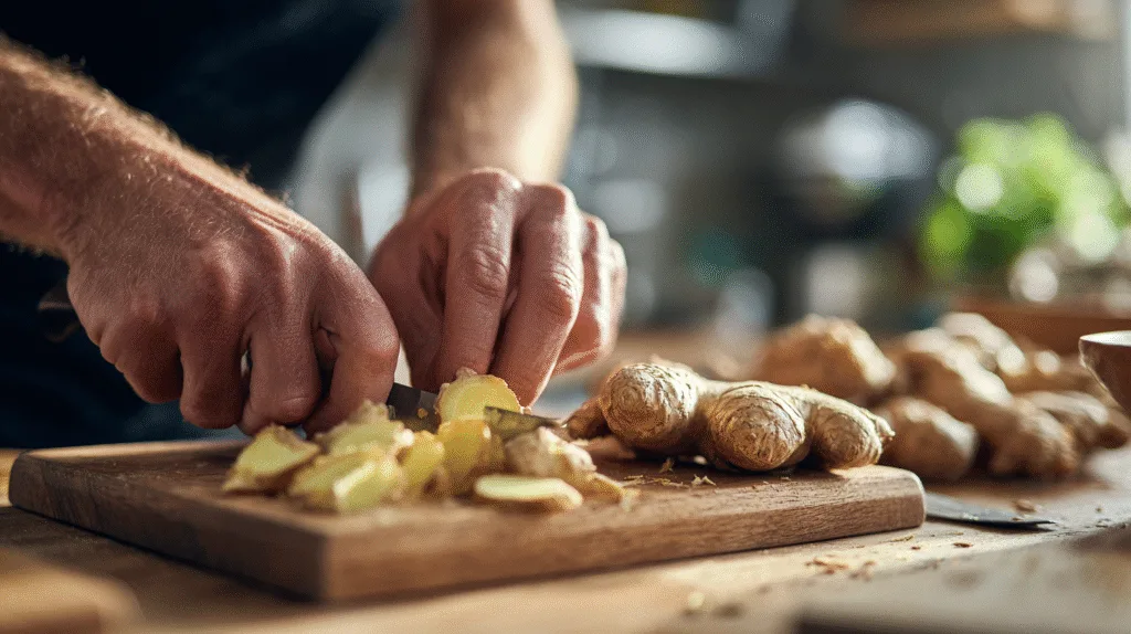 Chopped fresh ginger root for ginger shot recipe