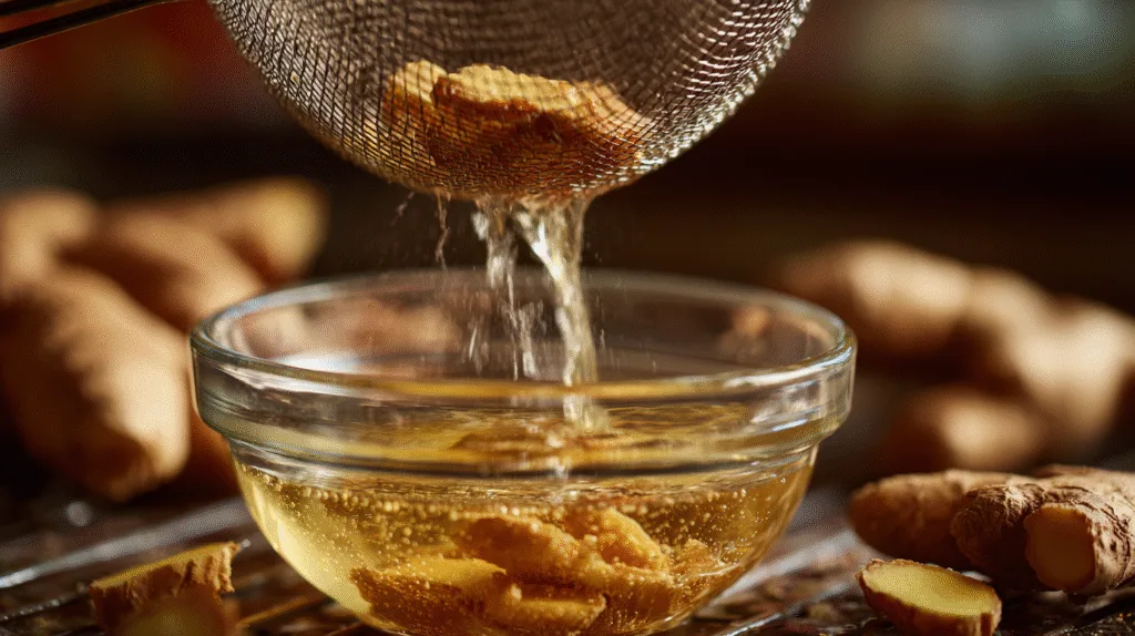 Straining ginger turmeric shot mixture into a bowl