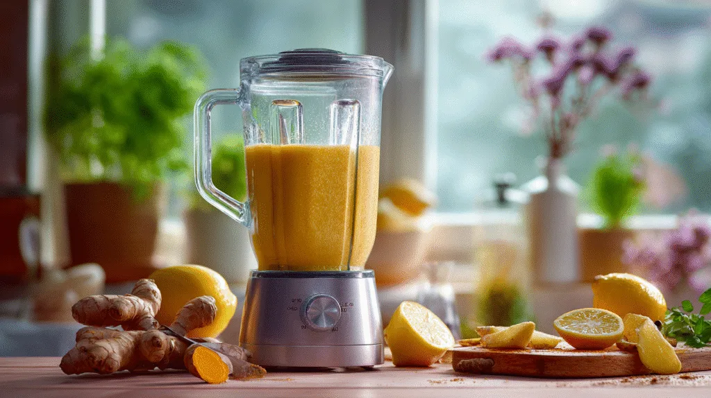 Ingredients in blender for turmeric ginger shot recipe