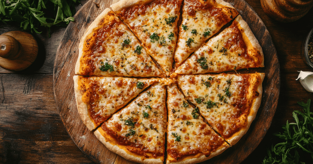 Freshly baked gluten free pizza crust on a wooden board in a rustic kitchen