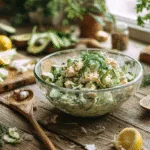 Green Goddess Chicken Salad Recipe (High Protein, Low Calorie Meal Prep) Green Goddess Chicken Salad Feature shot of green goddess chicken salad in a bright home kitchen