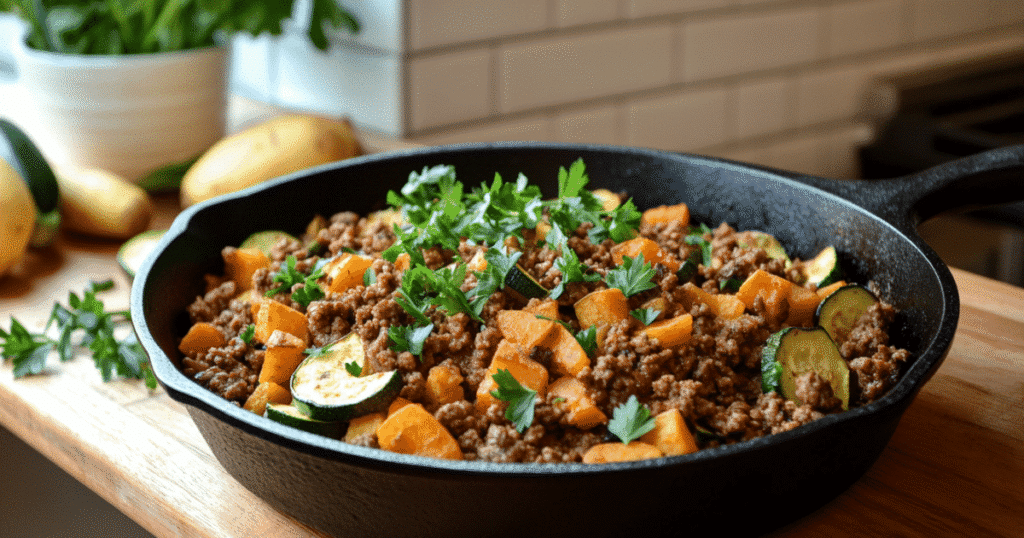 Ground beef zucchini sweet potato skillet garnished with herbs in cast iron pan