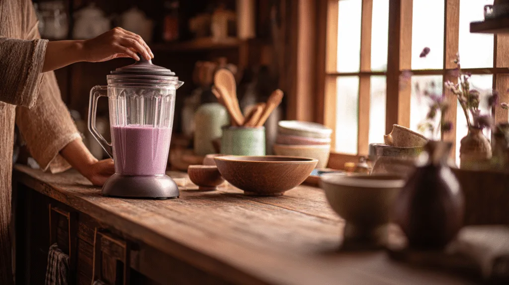 Blending date paste for Purple Sweet Potato Brownies