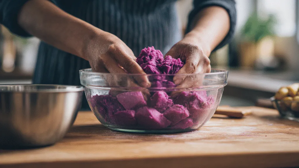 Purple Sweet Potato Brownies (Vegan, Oil-Free, Weight-Loss Friendly) Purple Sweet Potato Brownies Mashing purple sweet potatoes for brownie batter