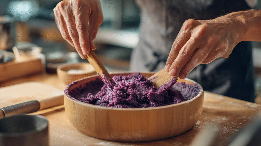 Purple Sweet Potato Brownies (Vegan, Oil-Free, Weight-Loss Friendly) Purple Sweet Potato Brownies Folding sweet potato mash into brownie batter