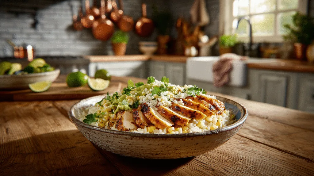 Street Corn Chicken Rice Bowl: A Flavorful Mexican-Inspired Dinner Street Corn Chicken Rice Bowl Final presentation of Street Corn Chicken Rice Bowl with creamy corn topping and chili lime chicken