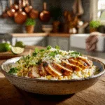 Final presentation of Street Corn Chicken Rice Bowl with creamy corn topping and chili lime chicken