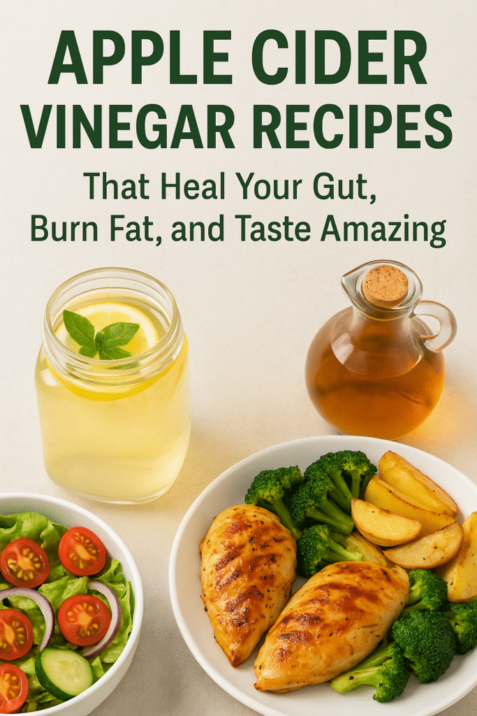 Apple Cider Vinegar Recipes That Heal Your Gut, Burn Fat, and Taste Amazing Apple Cider Vinegar Recipes Apple cider vinegar recipes featuring grilled chicken, broccoli, potato wedges, salad, and a detox drink
