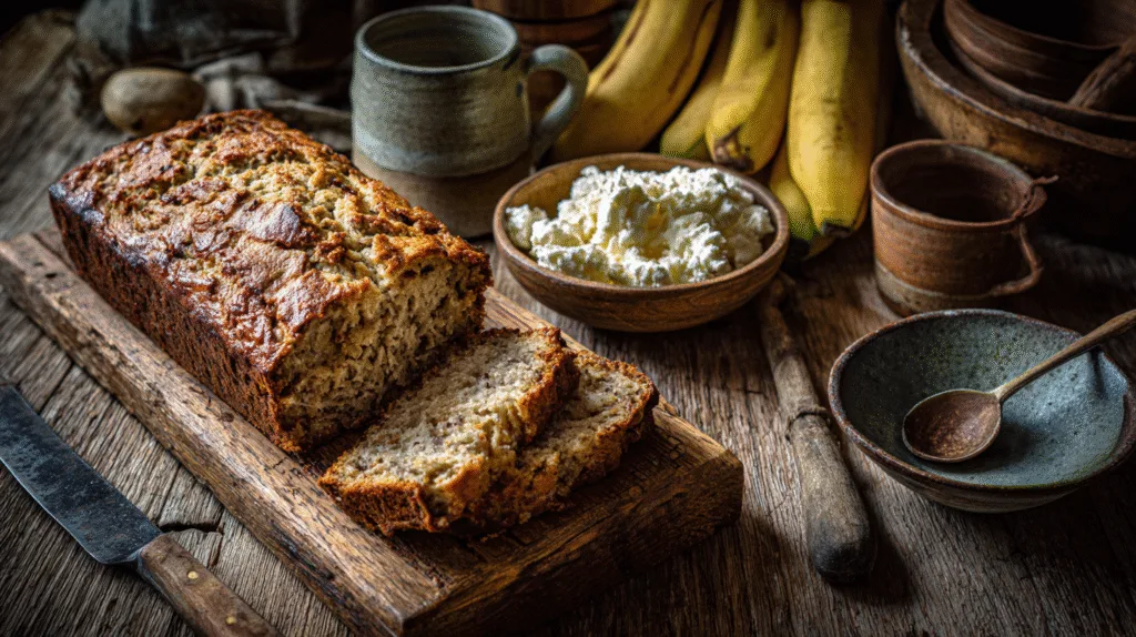 Cottage Cheese Banana Bread: Moist, Protein-Rich, and Gluten-Free Recipe cottage cheese banana bread Whole cottage cheese banana bread loaf with sliced pieces