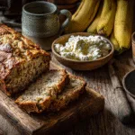 Whole cottage cheese banana bread loaf with sliced pieces
