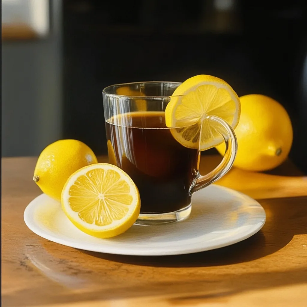 The Ultimate Coffee with Lemon Recipe for Weight Loss and Wellness Coffee with Lemon Hot coffee with lemon slices served in a clear mug on a wooden table