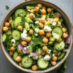Fresh cucumber chickpea salad served in a white bowl.