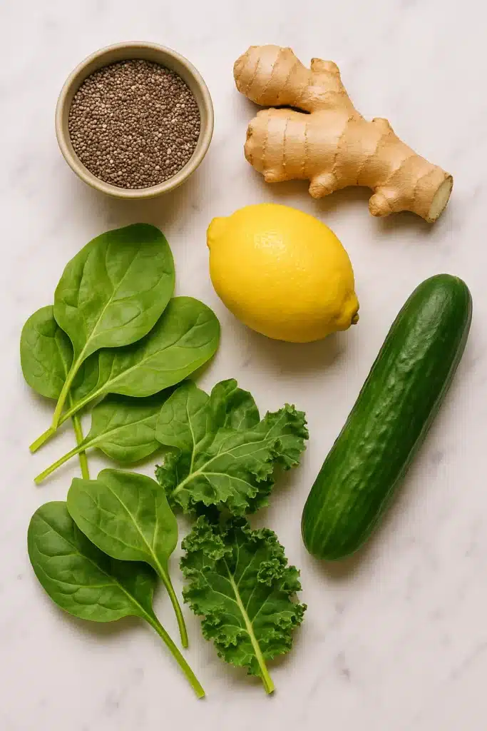15 Powerful Detox Drinks Smoothies That Cleanse, Slim & Energize Naturally Detox Drinks Smoothies Detox smoothie ingredients on a countertop