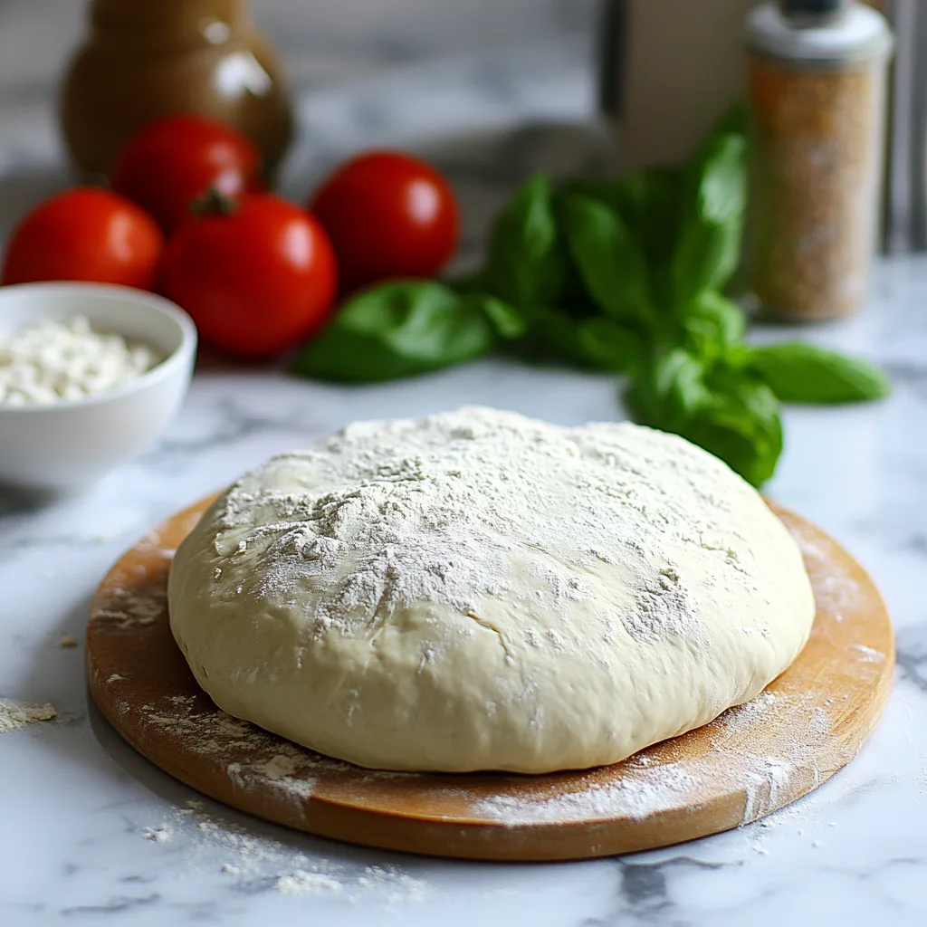Unbelievably Good Greek Yogurt Pizza Dough – Healthy, Light & Weight-Loss Ready Greek Yogurt Pizza Dough A ball of Greek yogurt pizza dough on a floured wooden board with basil and tomatoes in the background.