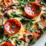 A slice of Greek yogurt pizza with pepperoni, mushrooms, and spinach on a plate, styled for a healthy blog post cover.