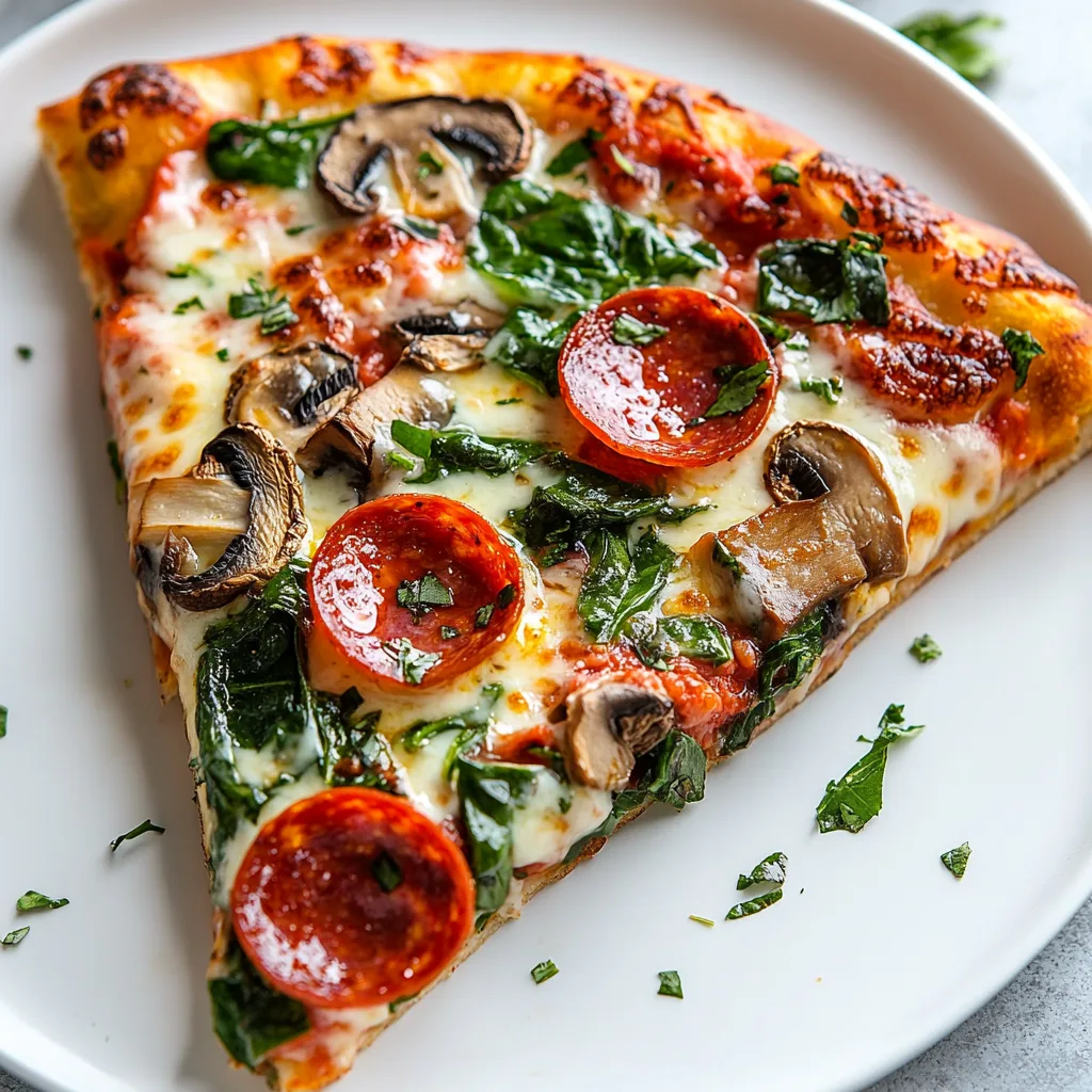 Unbelievably Good Greek Yogurt Pizza Dough – Healthy, Light & Weight-Loss Ready Greek Yogurt Pizza Dough A slice of Greek yogurt pizza with pepperoni, mushrooms, and spinach on a plate, styled for a healthy blog post cover.