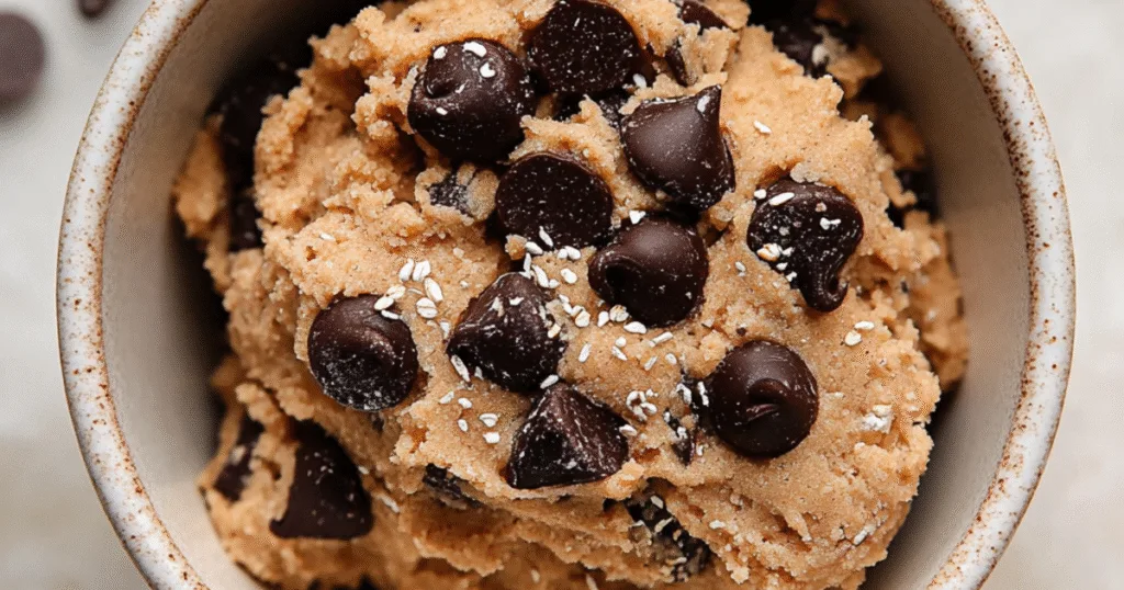 Bowl of healthy edible cookie dough with chocolate chips
