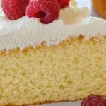 Minimalist Paleo Vanilla Cake slice with whipped frosting and raspberries