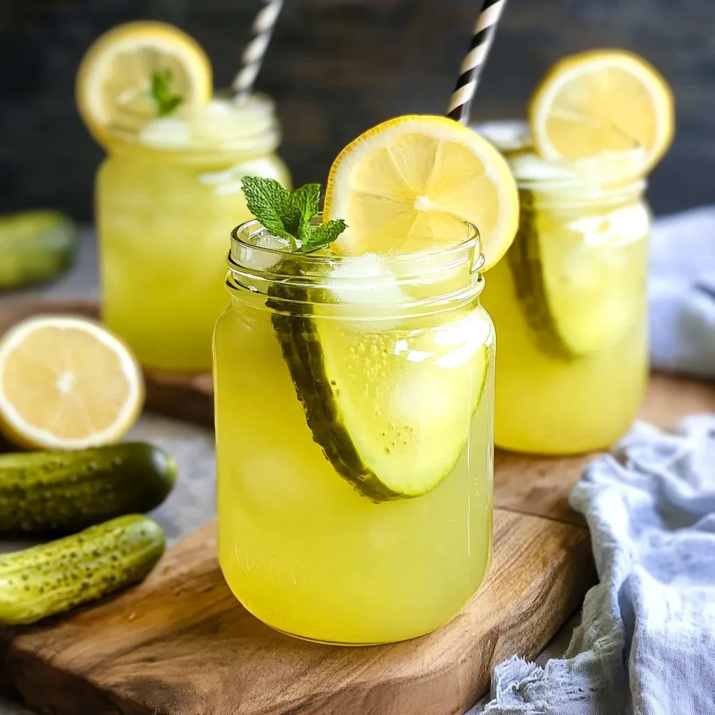 Dill Pickle Lemonade – The Viral Summer Drink That’s Actually Amazing Pickle Lemonade Group of mason jar drinks with dill pickles, mint, and lemon