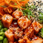 Salmon rice bowl with spicy mayo and vegetables