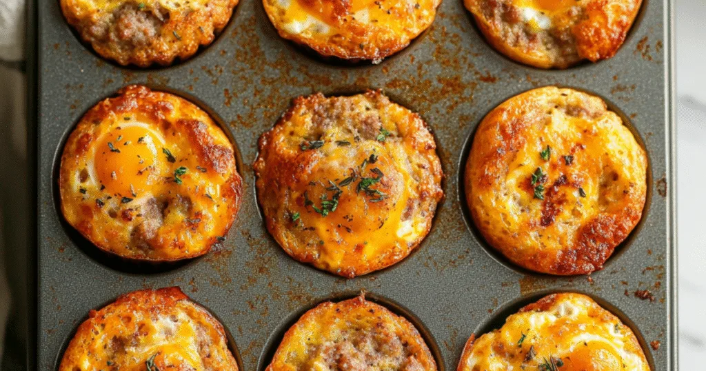 Freshly baked sausage egg and cheese muffins in a muffin tin