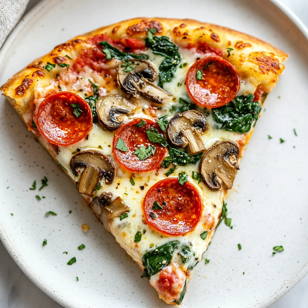 Unbelievably Good Greek Yogurt Pizza Dough – Healthy, Light & Weight-Loss Ready Greek Yogurt Pizza Dough Close-up of a Greek yogurt pizza slice topped with spinach, mushrooms, and pepperoni.