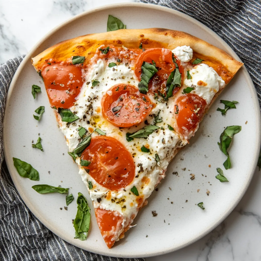 Unbelievably Good Greek Yogurt Pizza Dough – Healthy, Light & Weight-Loss Ready Greek Yogurt Pizza Dough Greek yogurt pizza crust topped with ricotta, sliced tomatoes, and basil on a ceramic plate.