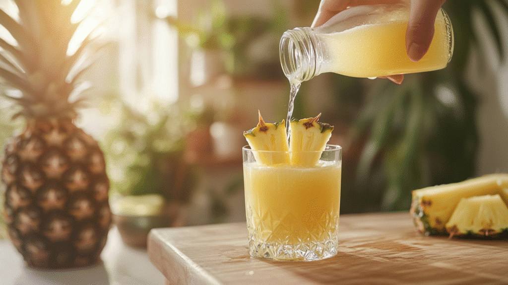 Pineapple ACV Fat-Burning Morning Shot Pineapple ACV Pouring pineapple ACV fat-burning shot into a glass