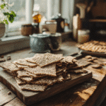 Homemade gluten-free crackers seed on a wooden board