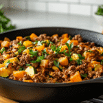 Final Ground Beef Zucchini Sweet Potato Skillet garnished with herbs