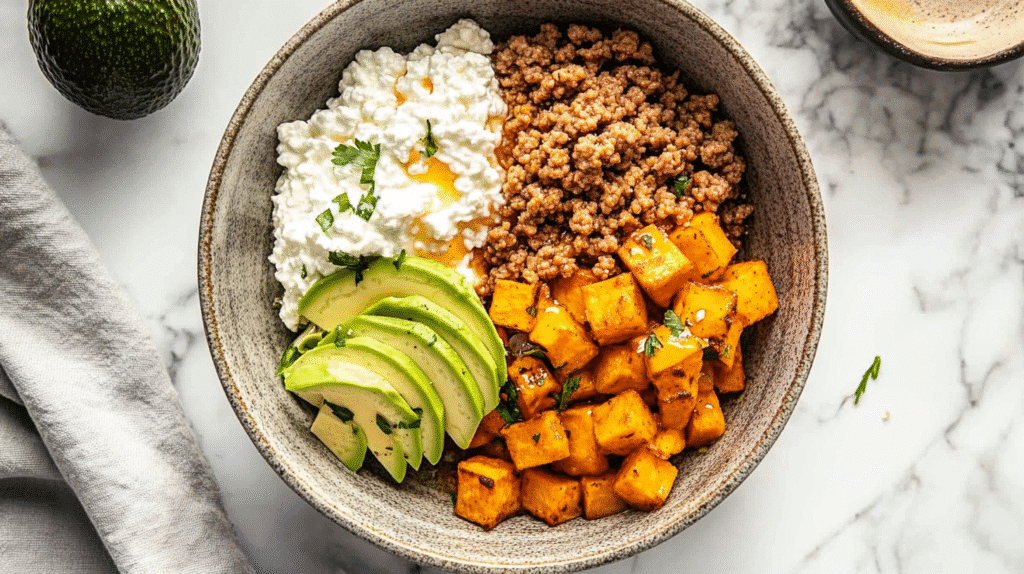 High-Protein Cottage Cheese Taco Bowl With Low Carbs For Easy Weight Loss Cottage Cheese Taco Bowl Assembling high-protein cottage cheese taco bowl with turkey, veggies, and fresh toppings