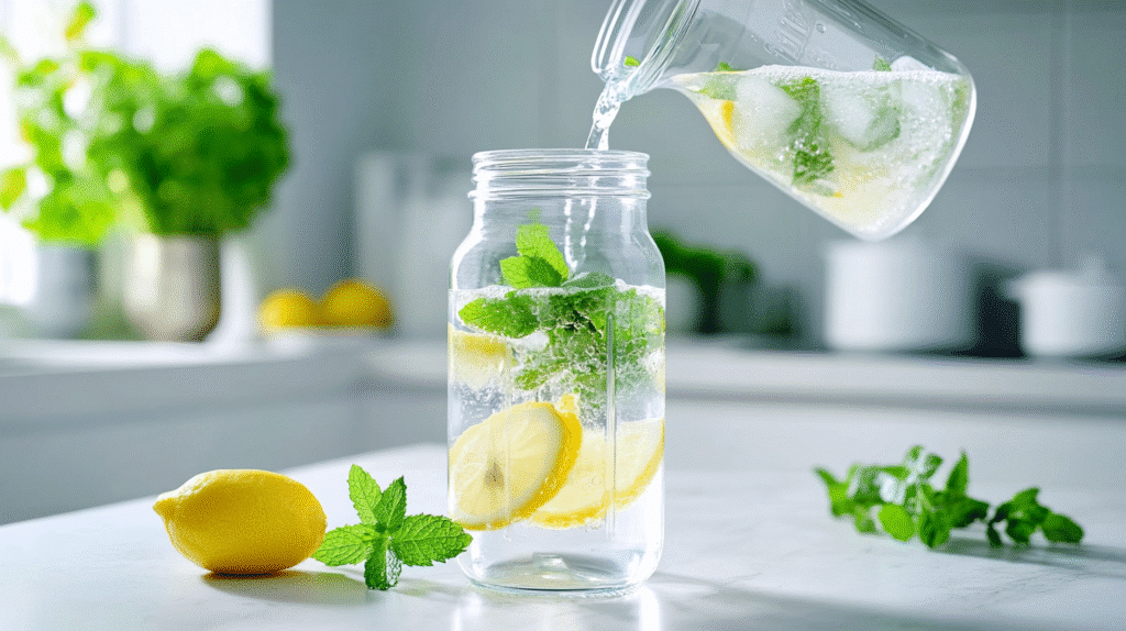 Sugar-Free Electrolyte Drink: Refreshing Homemade Hydration Sugar-Free Electrolyte Drink Pouring homemade sugar-free electrolyte drink into bottle