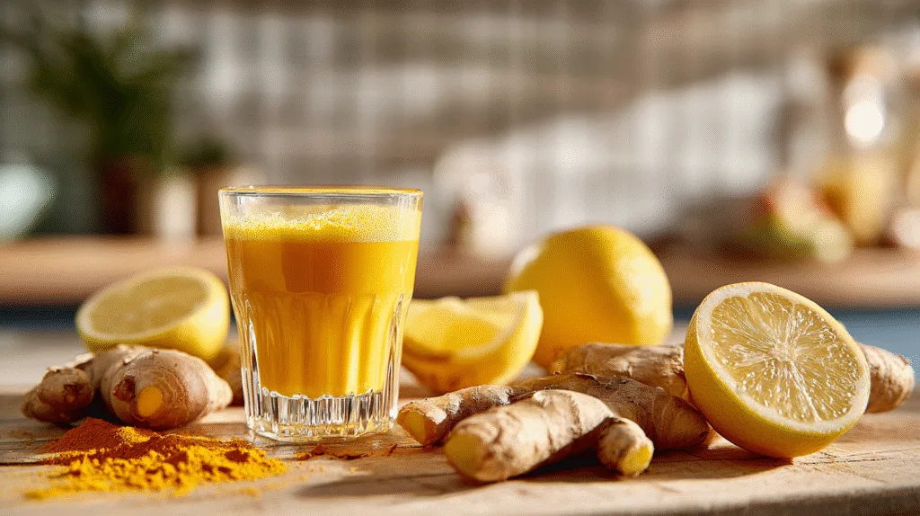 Ginger Shot Recipe That Transforms Your Health: Immunity, Energy & Weight Loss ginger shot recipe Finished golden ginger shot recipe with lemon and turmeric