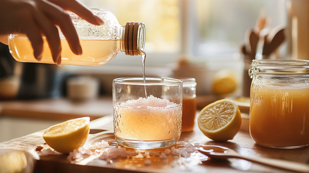 Fat-Burning Morning Elixir: Apple Cider Vinegar & Pink Salt Detox Drink Apple Cider Vinegar Preparing apple cider vinegar detox drink by mixing ingredients