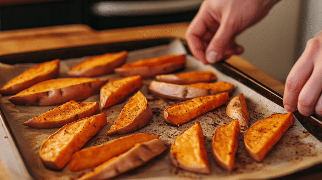 Japanese Sweet Potato - The Ultimate Guide to Flavor, Nutrition & Cooking japanese sweet potato Japanese sweet potato wedges arranged on parchment paper for roasting