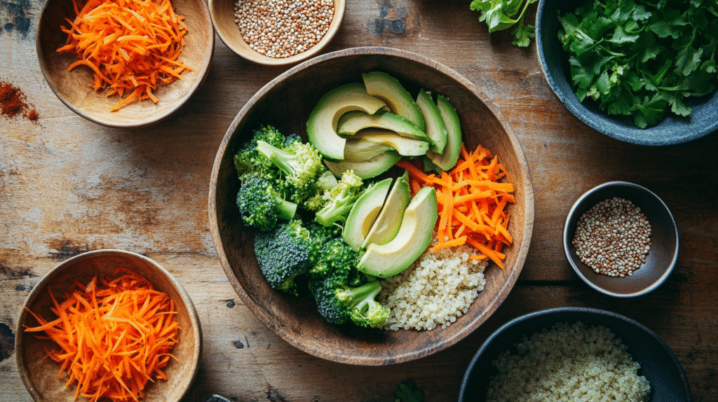 Japanese Sweet Potato - The Ultimate Guide to Flavor, Nutrition & Cooking japanese sweet potato Sliced vegetables and cooked quinoa prepped for Japanese sweet potato bowls