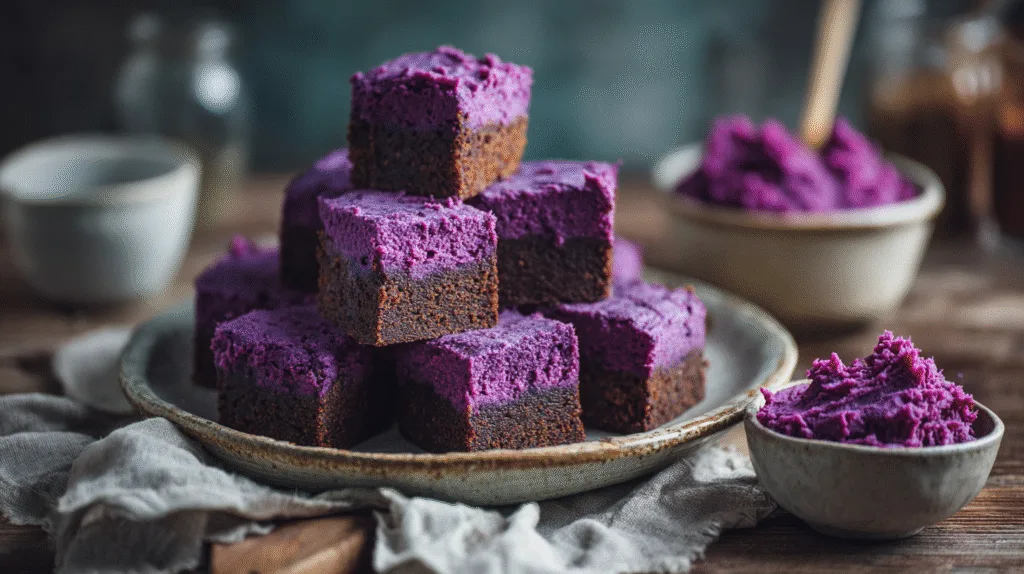 Purple Sweet Potato Brownies (Vegan, Oil-Free, Weight-Loss Friendly) Purple Sweet Potato Brownies Beautifully arranged Purple Sweet Potato Brownies on a ceramic plate
