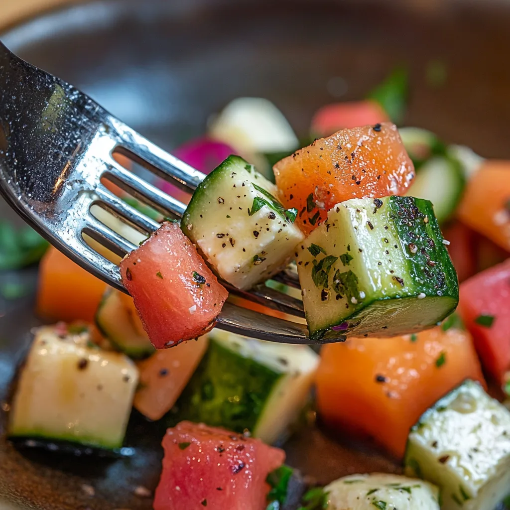 Watermelon Cucumber Salad: Your Ultimate Summer Weight Loss Refresh Watermelon Cucumber Salad Close-up of watermelon cucumber salad on fork